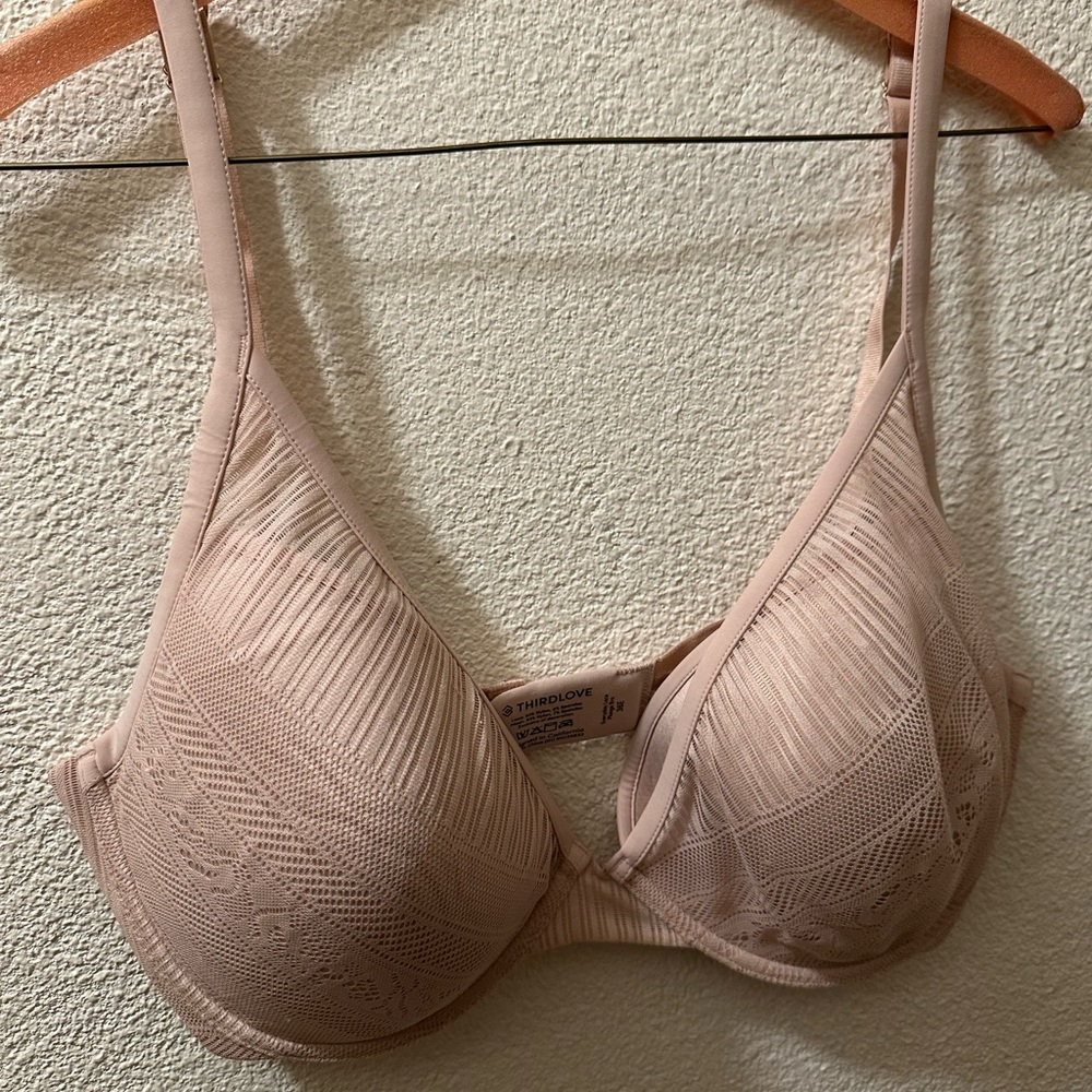 Third Love Everyday Lace Plunge Bra Beige Underwire Adjustable Straps Size 46E